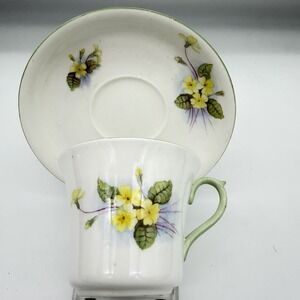 Vtg Shelley Primrose Cup Saucer Set Yellow Floral Green Trim